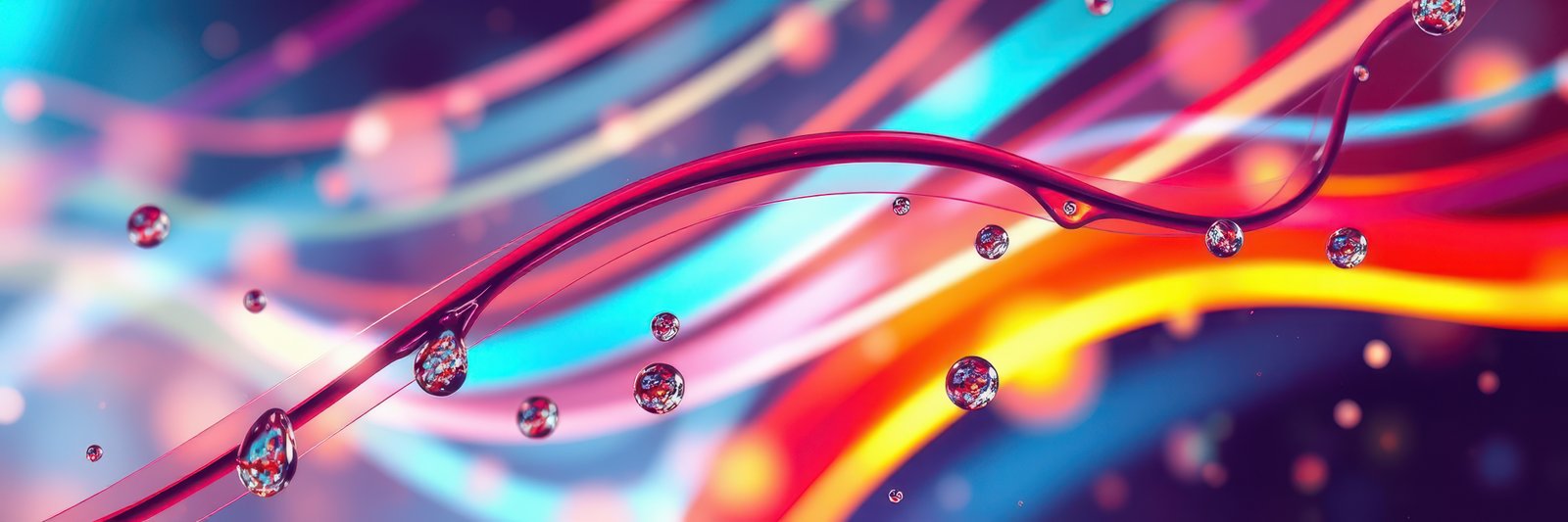 Colorful abstract design with flowing lines and droplets on a vibrant background